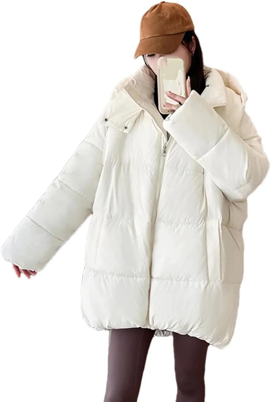 Women Hooded Short Loose Cotton-Padded Jacket Classic Pockets Solid Zipper Parka Coat