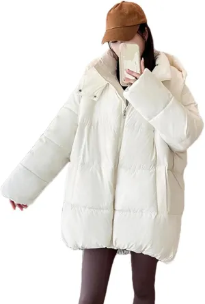 Women Hooded Short Loose Cotton-Padded Jacket Classic Pockets Solid Zipper Parka Coat