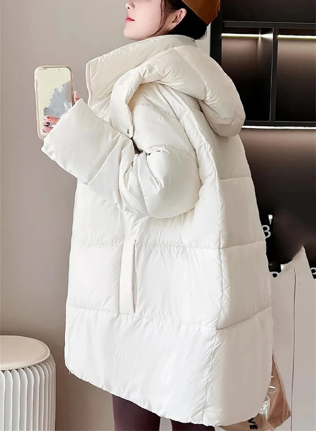 Women Hooded Short Loose Cotton-Padded Jacket Classic Pockets Solid Zipper Parka Coat