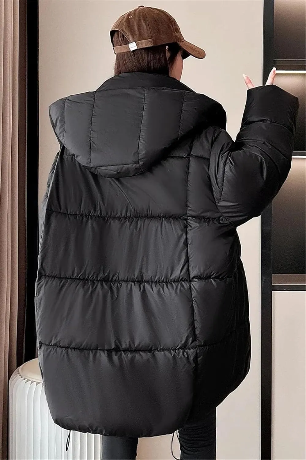 Women Hooded Short Loose Cotton-Padded Jacket Classic Pockets Solid Zipper Parka Coat