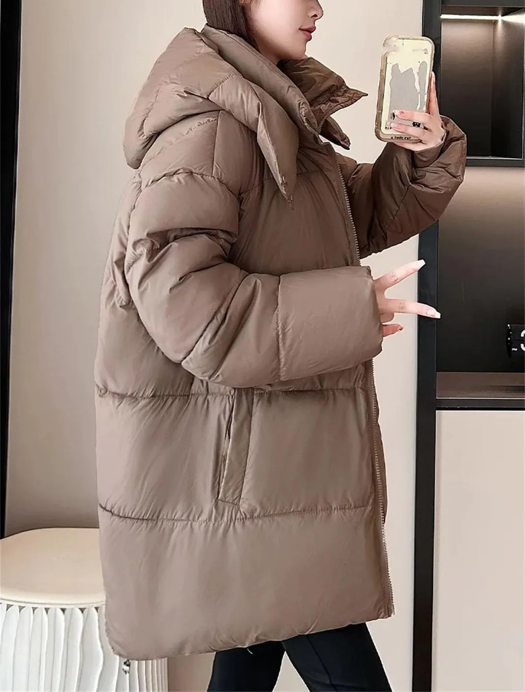 Women Hooded Short Loose Cotton-Padded Jacket Classic Pockets Solid Zipper Parka Coat