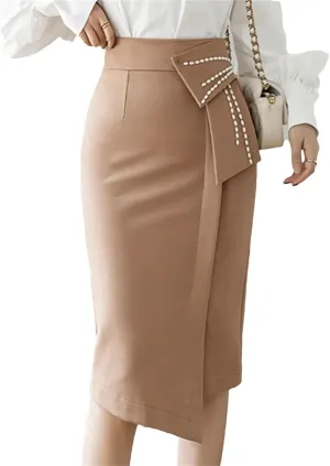 Women Irregular Straight Skirts Elegant Pearls Beading High Waist Casual Midi Skirt Office Wrap Hip Skirts