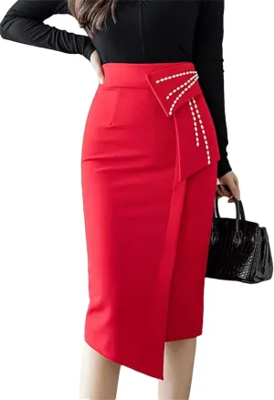 Women Irregular Straight Skirts Elegant Pearls Beading High Waist Casual Midi Skirt Office Wrap Hip Skirts