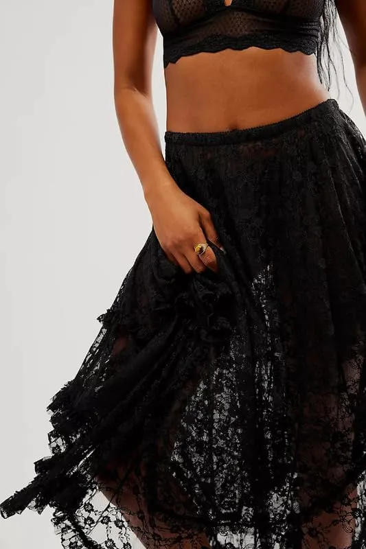 Women Lace Ruffle Courtship Half Slip Elastic Waist Asymmetrical Hemline Midi Skirts Semi Sheer Layered Maxi Skirts
