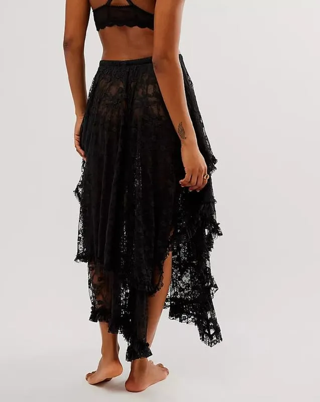 Women Lace Ruffle Courtship Half Slip Elastic Waist Asymmetrical Hemline Midi Skirts Semi Sheer Layered Maxi Skirts