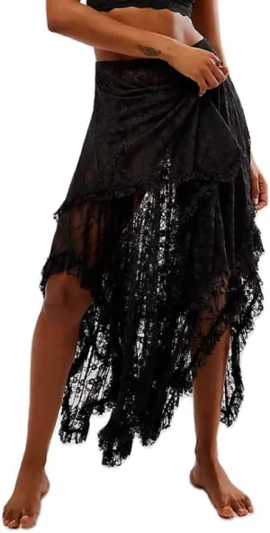 Women Lace Ruffle Courtship Half Slip Elastic Waist Asymmetrical Hemline Midi Skirts Semi Sheer Layered Maxi Skirts