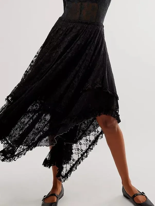 Women Lace Ruffle Courtship Half Slip Elastic Waist Asymmetrical Hemline Midi Skirts Semi Sheer Layered Maxi Skirts