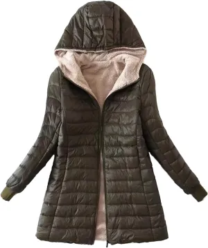 Women Lightweight Down Coat Packable Puffer Jacket Fleece Warm Winter Coat Hooded Mid-Length Jacket Outwear With Pocket