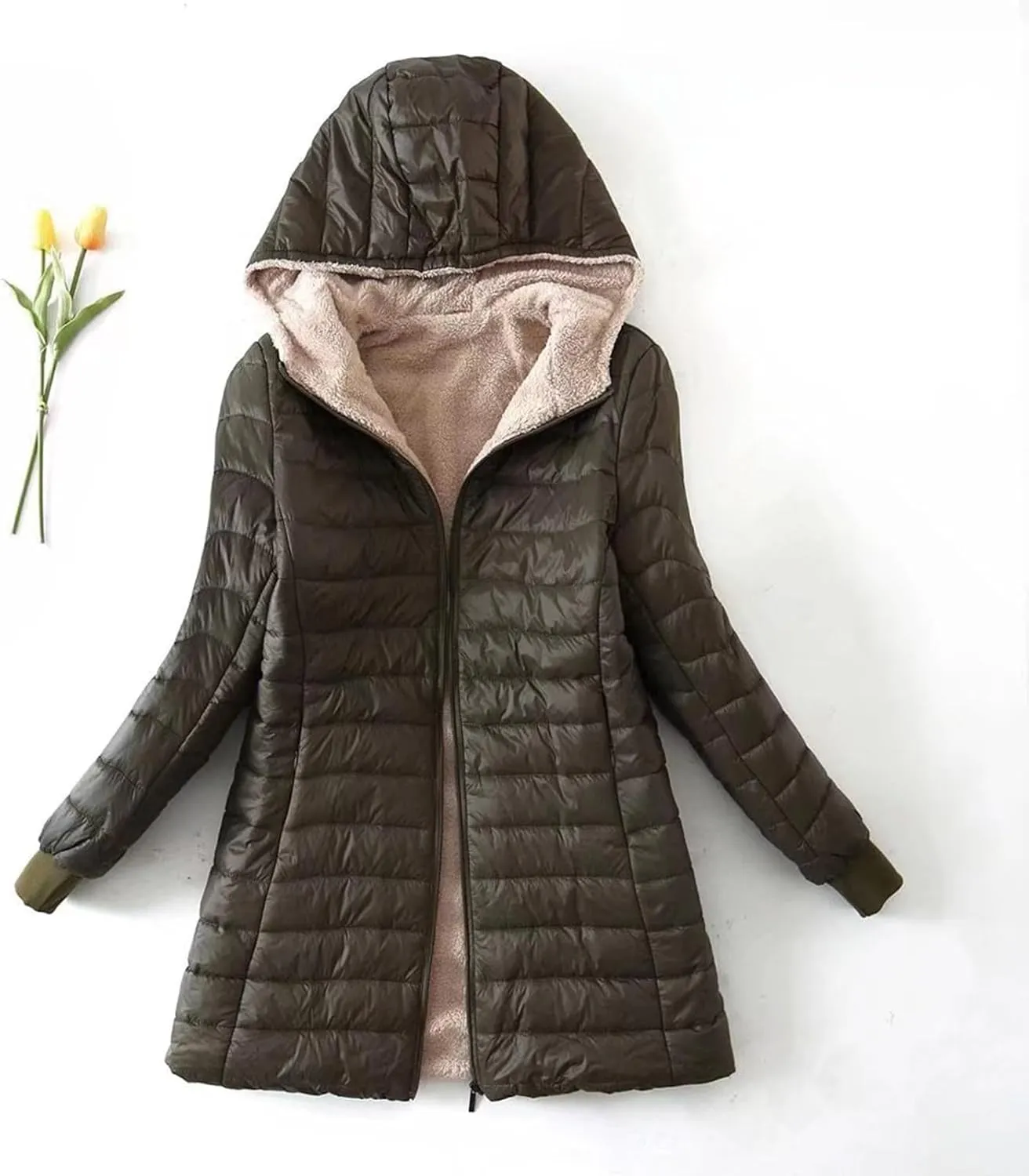 Women Lightweight Down Coat Packable Puffer Jacket Fleece Warm Winter Coat Hooded Mid-Length Jacket Outwear With Pocket