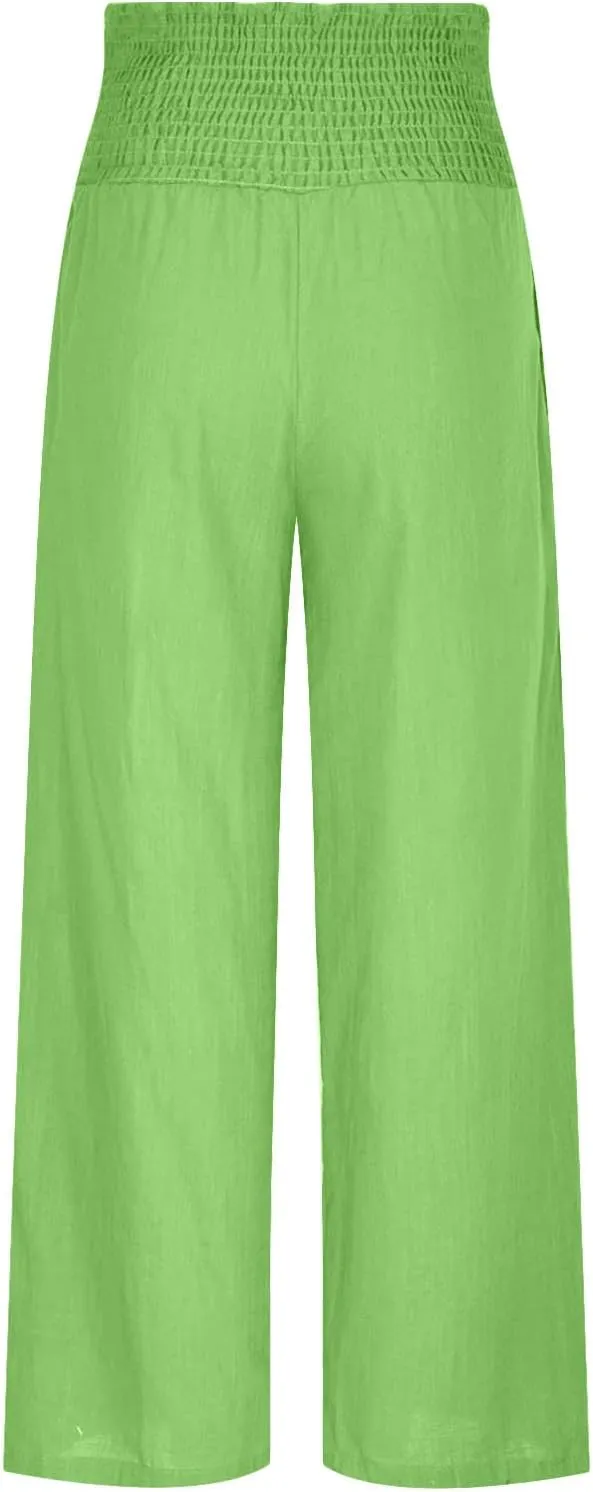 Women Linen Palazzo Pants Elastic High Waisted Flowy Casual Loose Trousers Wide Leg Vacation Beach Summer Pants