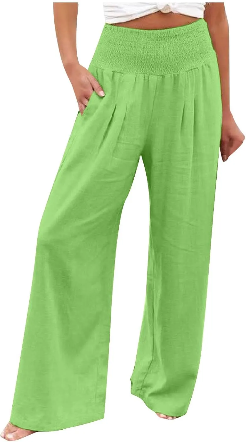 Women Linen Palazzo Pants Elastic High Waisted Flowy Casual Loose Trousers Wide Leg Vacation Beach Summer Pants