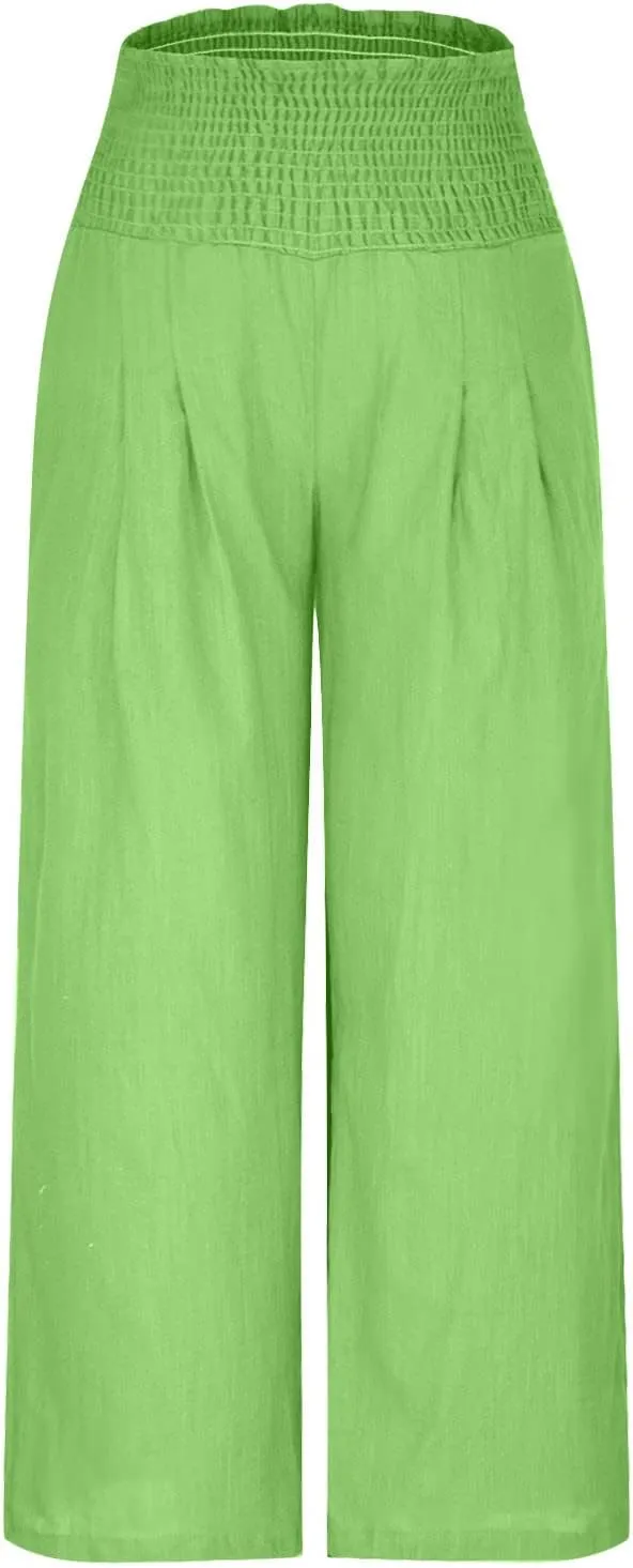 Women Linen Palazzo Pants Elastic High Waisted Flowy Casual Loose Trousers Wide Leg Vacation Beach Summer Pants