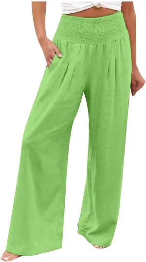Women Linen Palazzo Pants Elastic High Waisted Flowy Casual Loose Trousers Wide Leg Vacation Beach Summer Pants