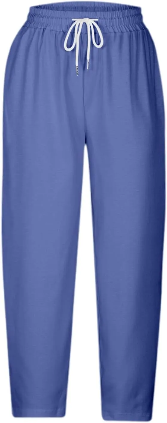 Women Linen Pants High Waist Casual Summer Pant Relax Fit Lightweight Pant Plus Size Solid Lounge Long Trousers