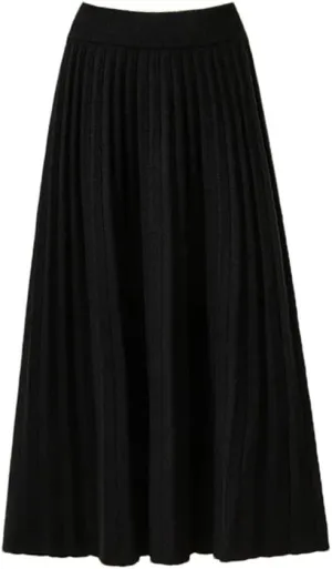 Women Midi Pleated Skirt Knitted Knee Length A-Line Skirt High Waist Solid Color Skirt
