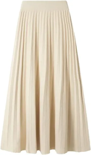 Women Midi Pleated Skirt Knitted Knee Length A-Line Skirt High Waist Solid Color Skirt