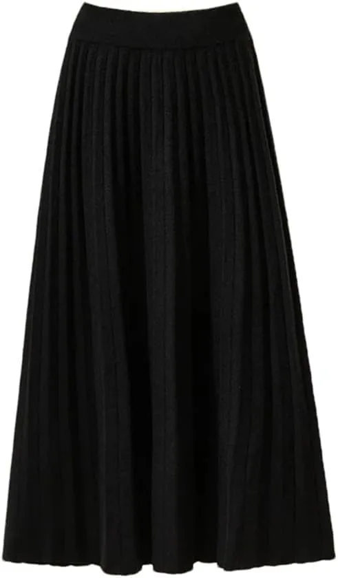 Women Midi Pleated Skirt Knitted Knee Length A-Line Skirt High Waist Solid Color Skirt