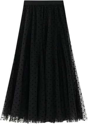 Women Polka Dot Tulle Skirt Casual Elastic High Waist A-Line Mesh Midi Skirts