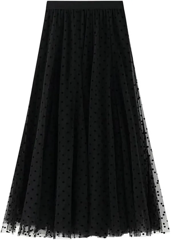 Women Polka Dot Tulle Skirt Casual Elastic High Waist A-Line Mesh Midi Skirts