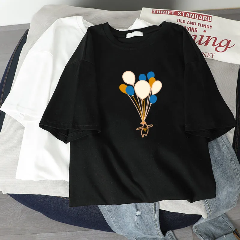 Women Printed Summer Korean Popular Loose Minimalist Plus Size Student INS Tops Short Sleeve T-Shirt