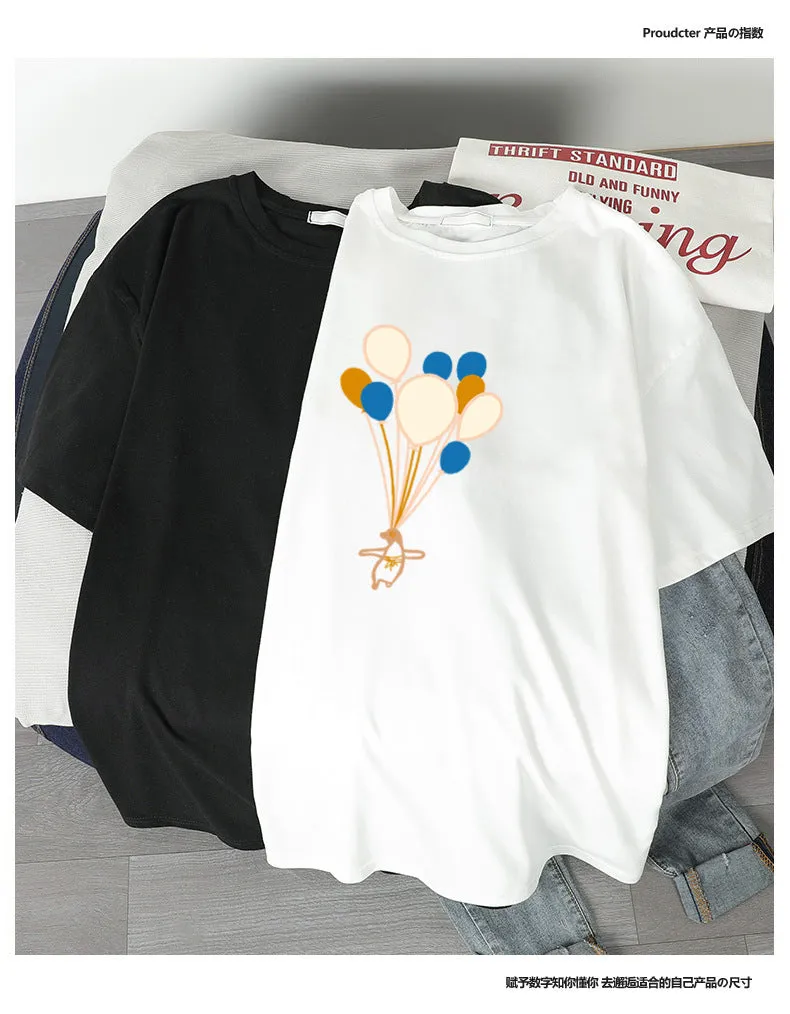 Women Printed Summer Korean Popular Loose Minimalist Plus Size Student INS Tops Short Sleeve T-Shirt