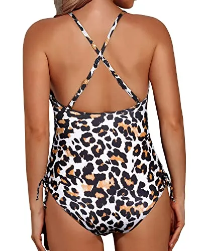 Women Sexy Tummy Control Plunge V Neck Lace Up One Piece Swimsuit-Leopard