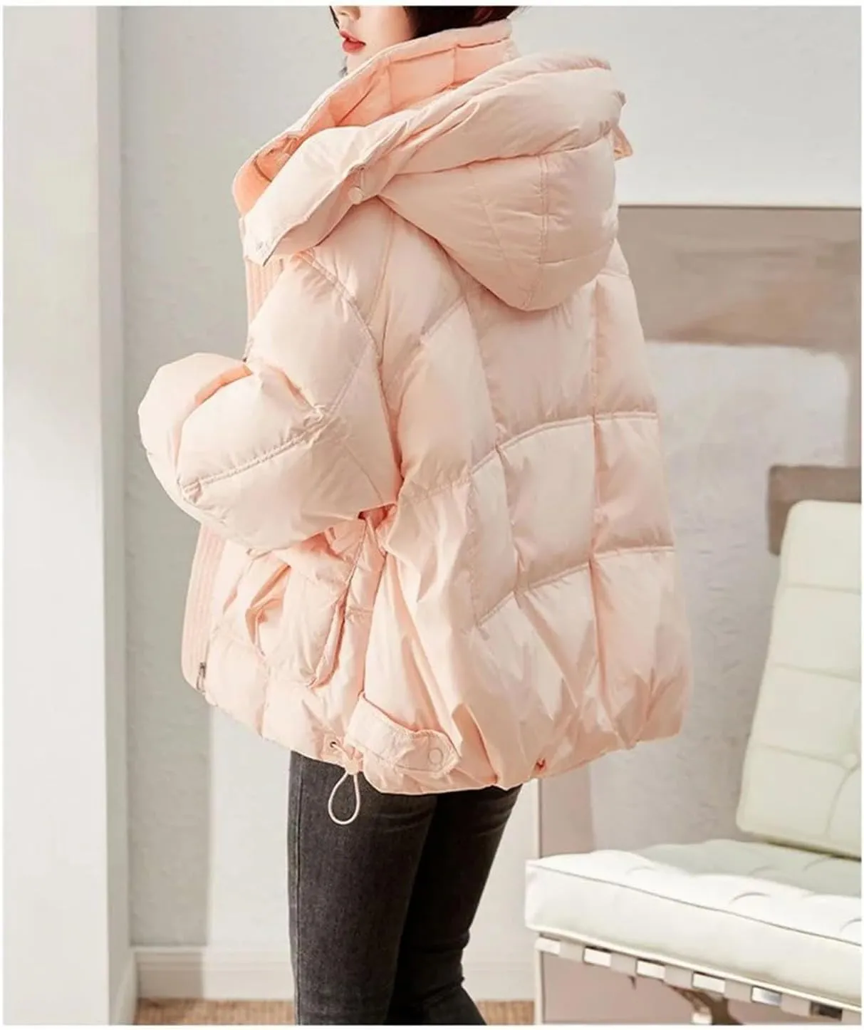 Women Short Hooded Stand Collar Parka Coat Warm Loose Classic Zipper Cotton-Padded Jacket