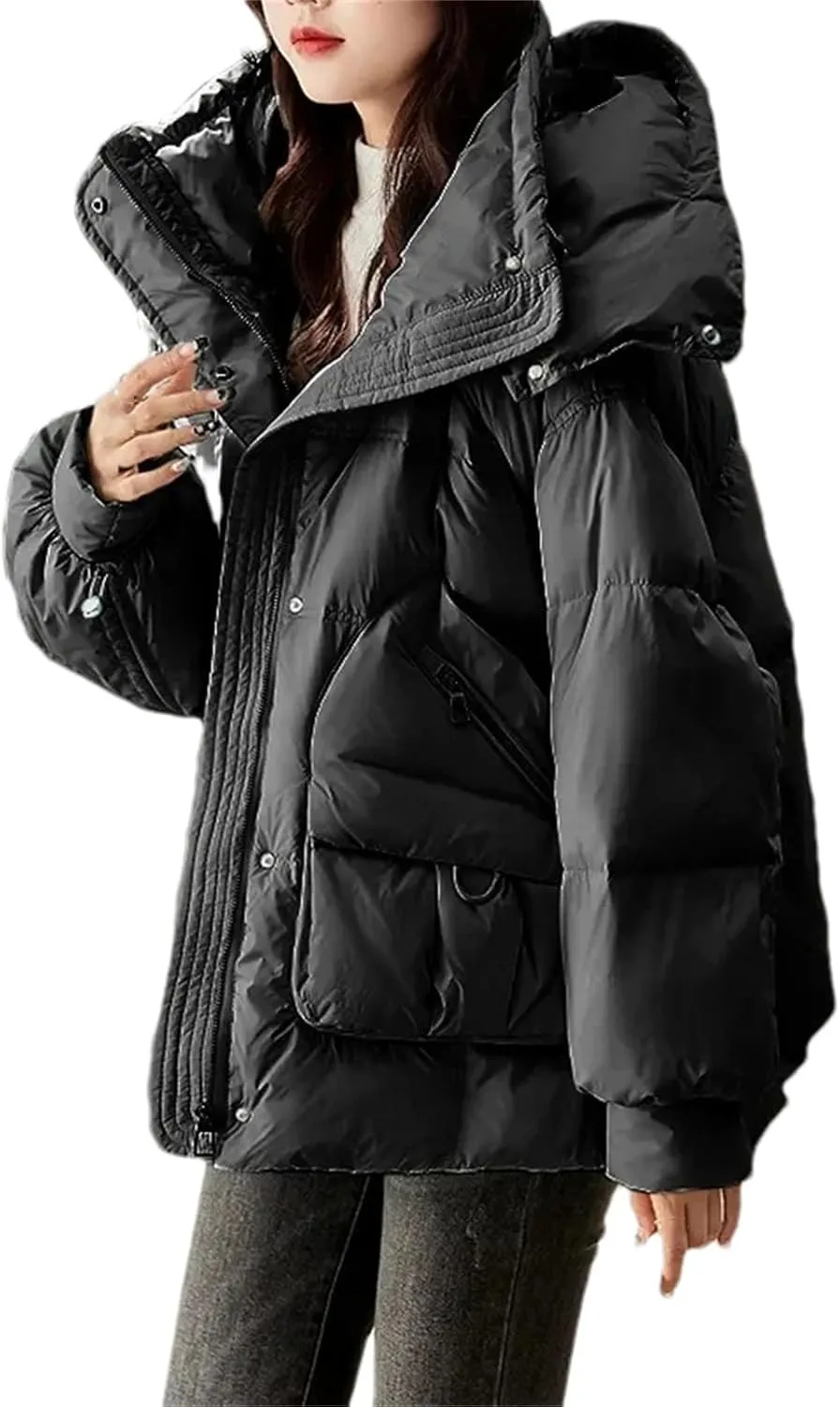 Women Short Hooded Stand Collar Parka Coat Warm Loose Classic Zipper Cotton-Padded Jacket