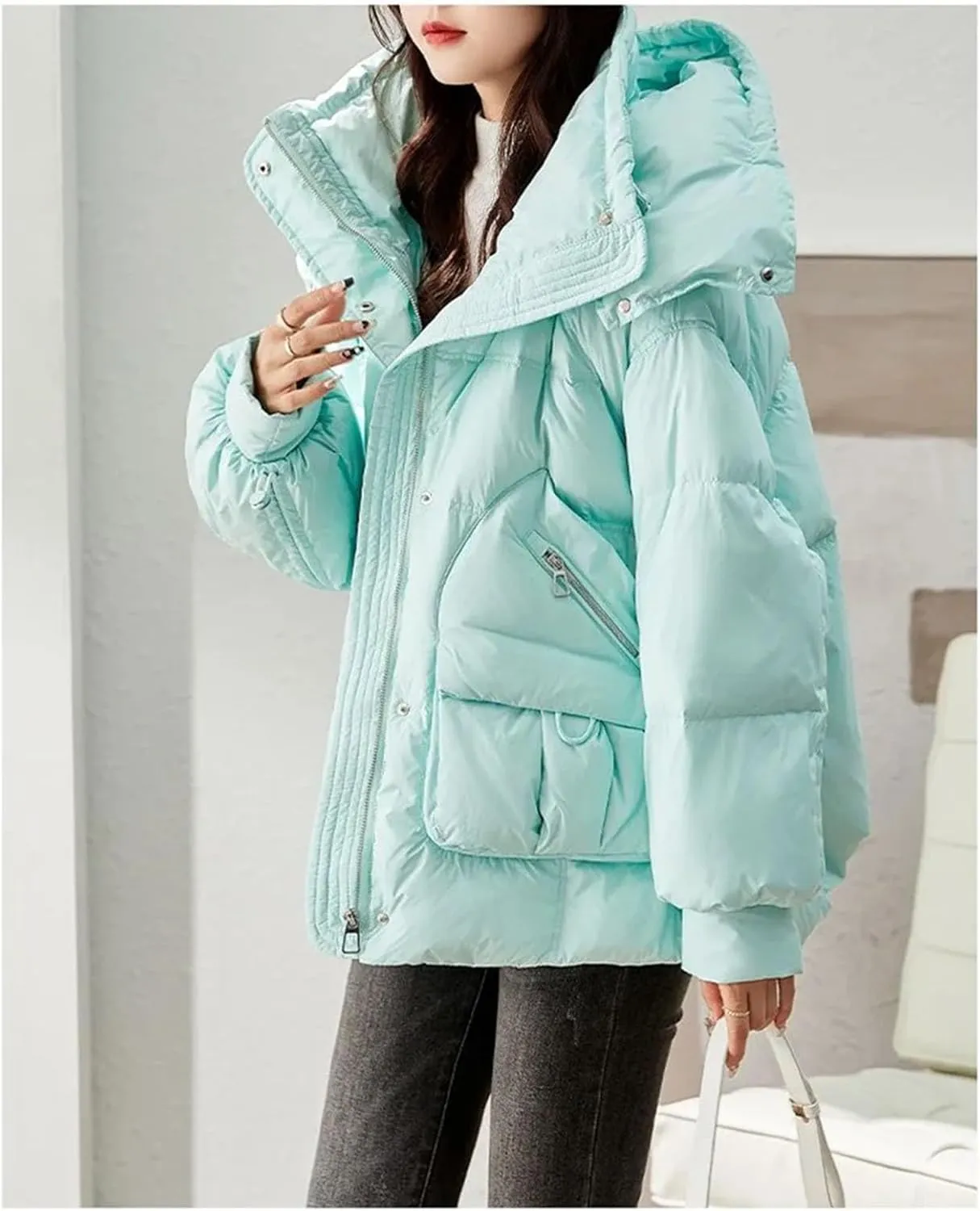 Women Short Hooded Stand Collar Parka Coat Warm Loose Classic Zipper Cotton-Padded Jacket