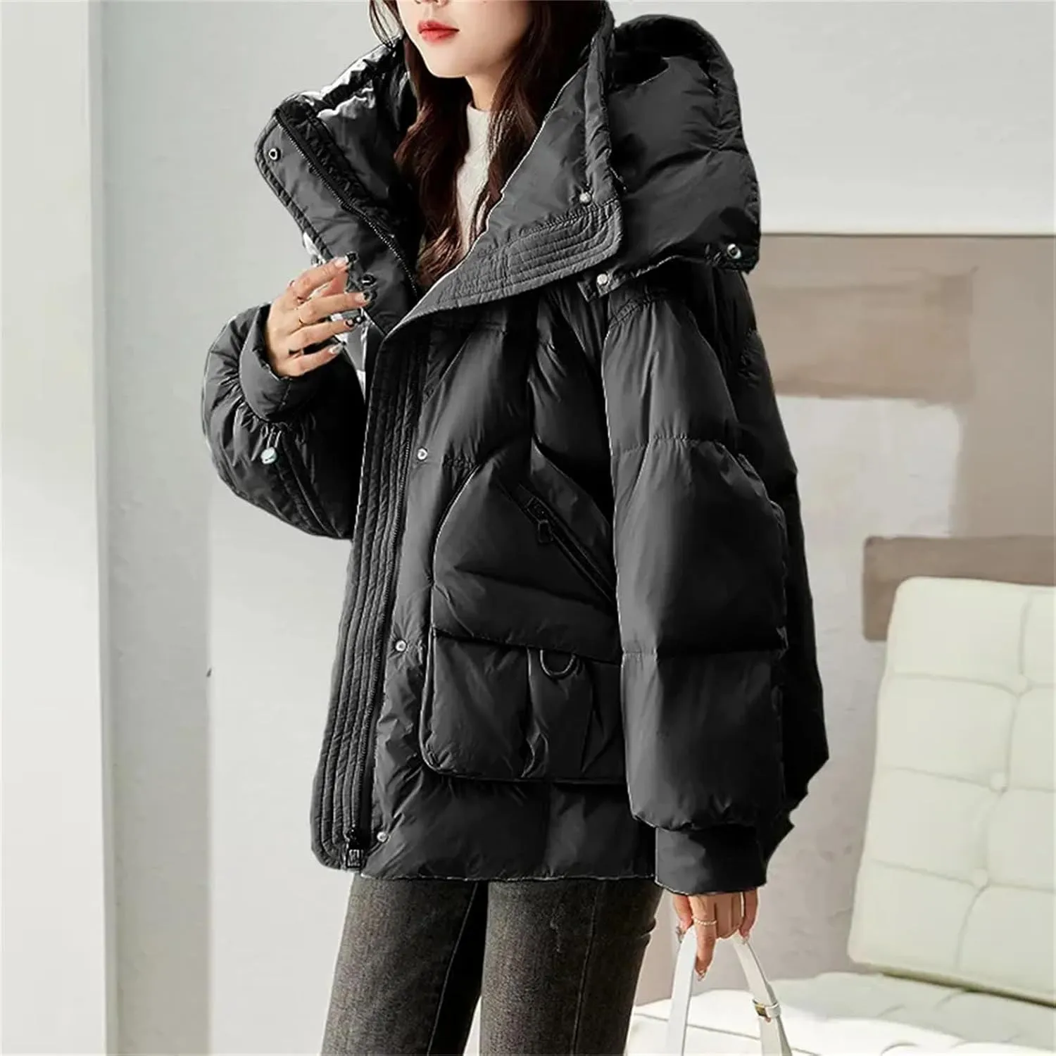 Women Short Hooded Stand Collar Parka Coat Warm Loose Classic Zipper Cotton-Padded Jacket