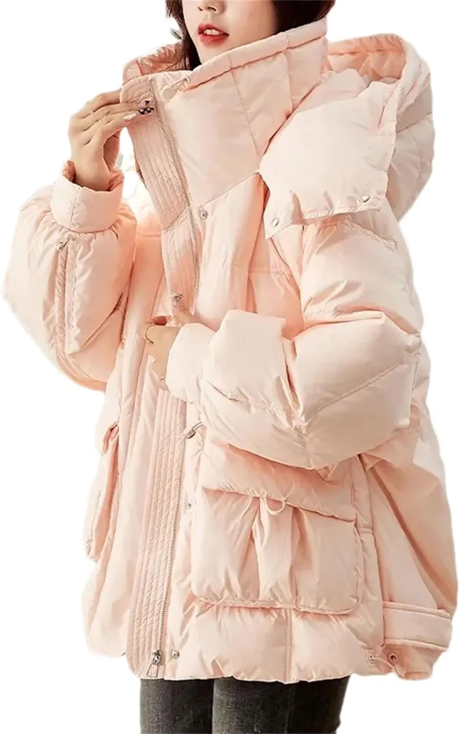 Women Short Hooded Stand Collar Parka Coat Warm Loose Classic Zipper Cotton-Padded Jacket