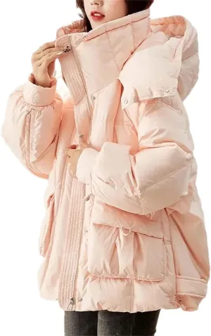 Women Short Hooded Stand Collar Parka Coat Warm Loose Classic Zipper Cotton-Padded Jacket