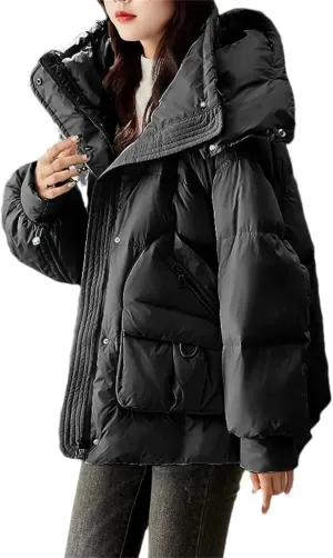 Women Short Hooded Stand Collar Parka Coat Warm Loose Classic Zipper Cotton-Padded Jacket