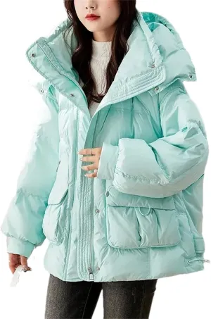 Women Short Hooded Stand Collar Parka Coat Warm Loose Classic Zipper Cotton-Padded Jacket