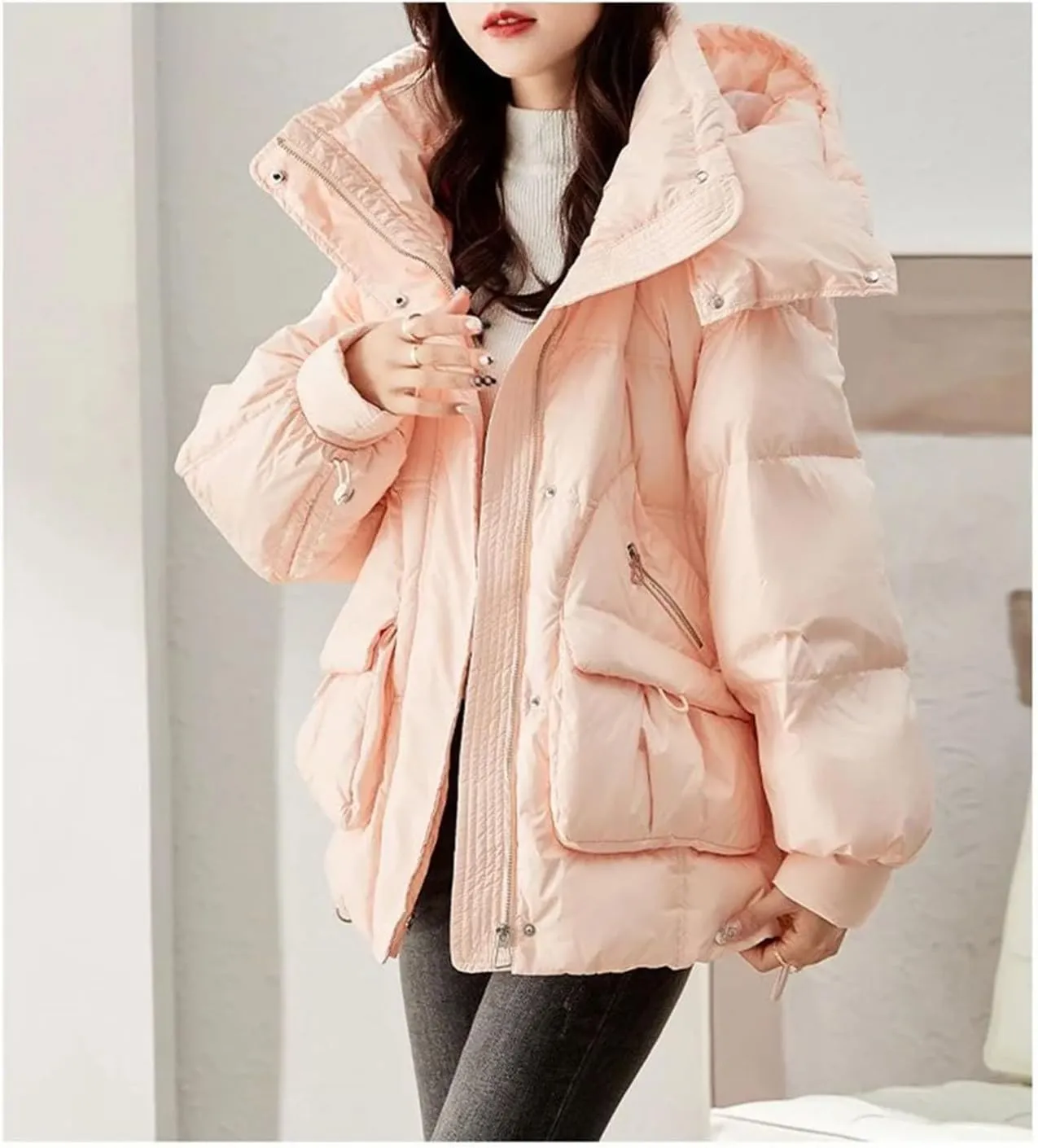 Women Short Hooded Stand Collar Parka Coat Warm Loose Classic Zipper Cotton-Padded Jacket
