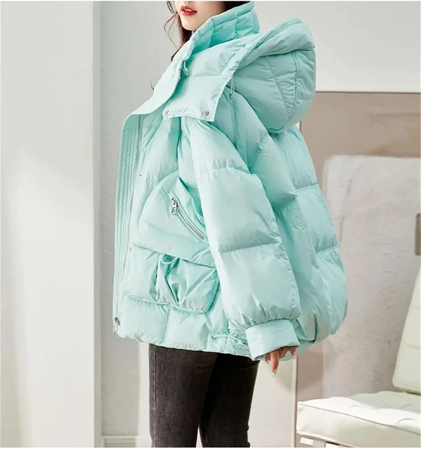 Women Short Hooded Stand Collar Parka Coat Warm Loose Classic Zipper Cotton-Padded Jacket