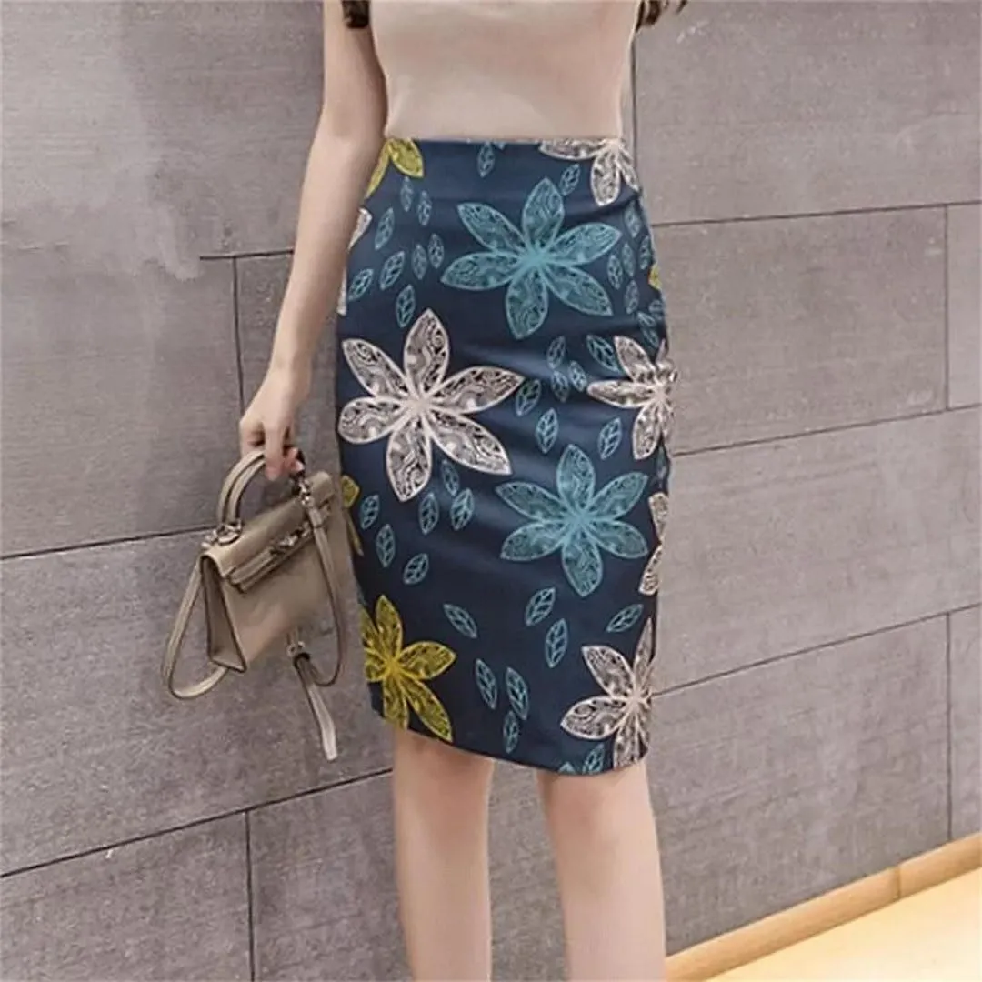 Women Spring Pencil Skirts Womens Floral Printed High Waist Skirt Knee Length Bodycon Skirt