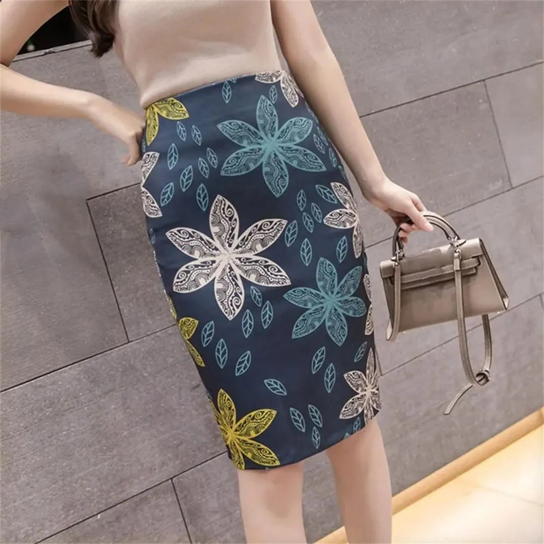 Women Spring Pencil Skirts Womens Floral Printed High Waist Skirt Knee Length Bodycon Skirt