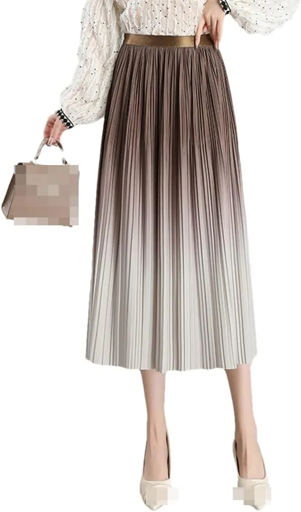 Women Spring Summer Gradual Skirt Black Blue Elastic Waist Midi Pleated Skirts