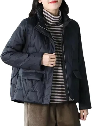 Women Stand Collar Solid Short Cotton-Padded Jacket Classic Zipper Stripe Button Parka Coat