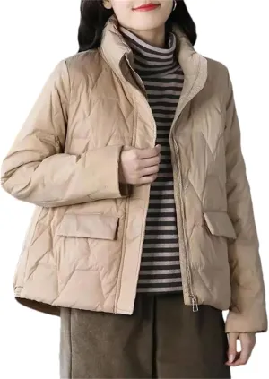 Women Stand Collar Solid Short Cotton-Padded Jacket Classic Zipper Stripe Button Parka Coat