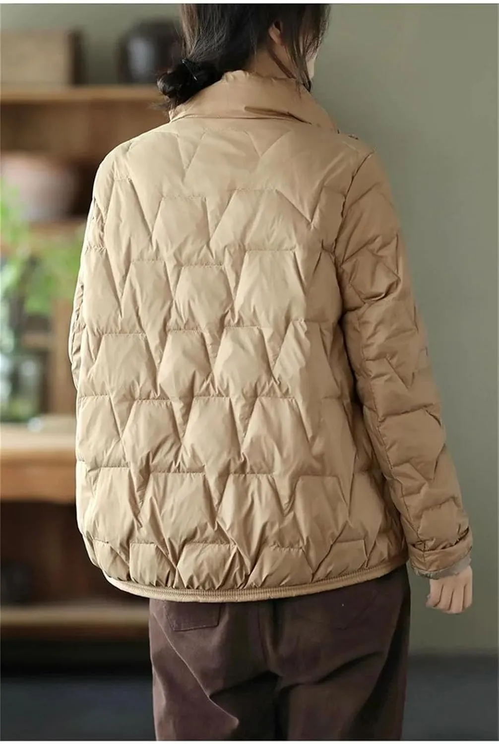 Women Stand Collar Solid Short Cotton-Padded Jacket Classic Zipper Stripe Button Parka Coat