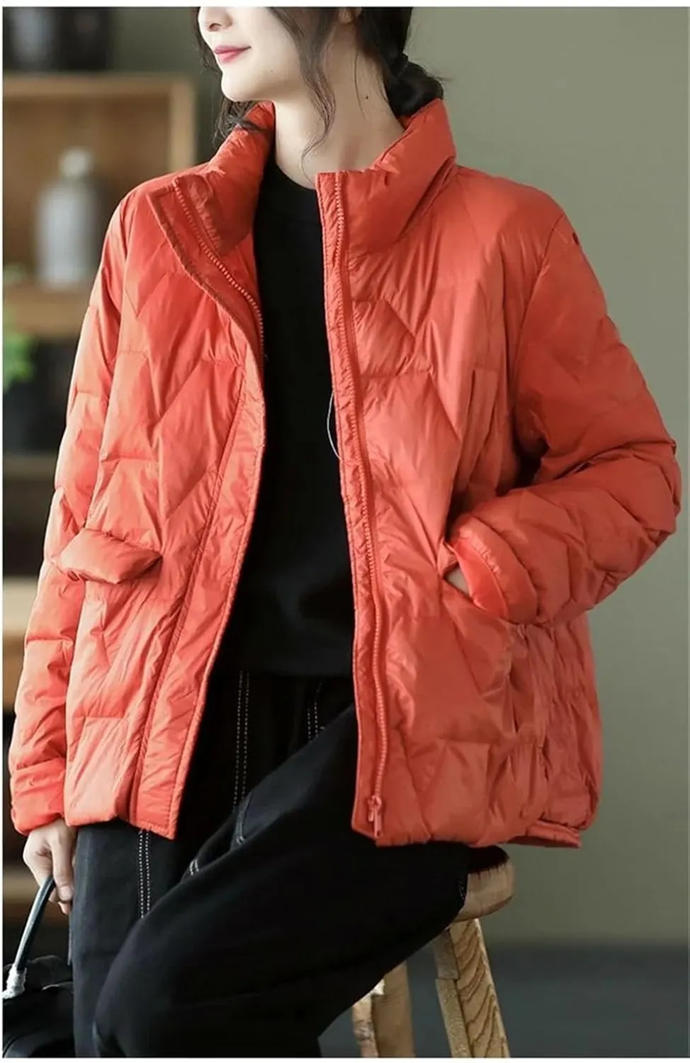 Women Stand Collar Solid Short Cotton-Padded Jacket Classic Zipper Stripe Button Parka Coat