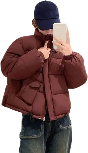 Women Stand Up Collar Short Cotton-Padded Loose Classic Drawstring Pockets Parka Coat