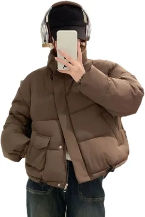 Women Stand Up Collar Short Cotton-Padded Loose Classic Drawstring Pockets Parka Coat