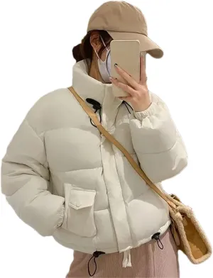 Women Stand Up Collar Short Cotton-Padded Loose Classic Drawstring Pockets Parka Coat