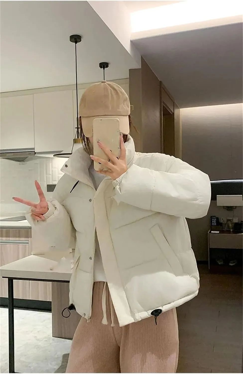 Women Stand Up Collar Short Cotton-Padded Loose Classic Drawstring Pockets Parka Coat