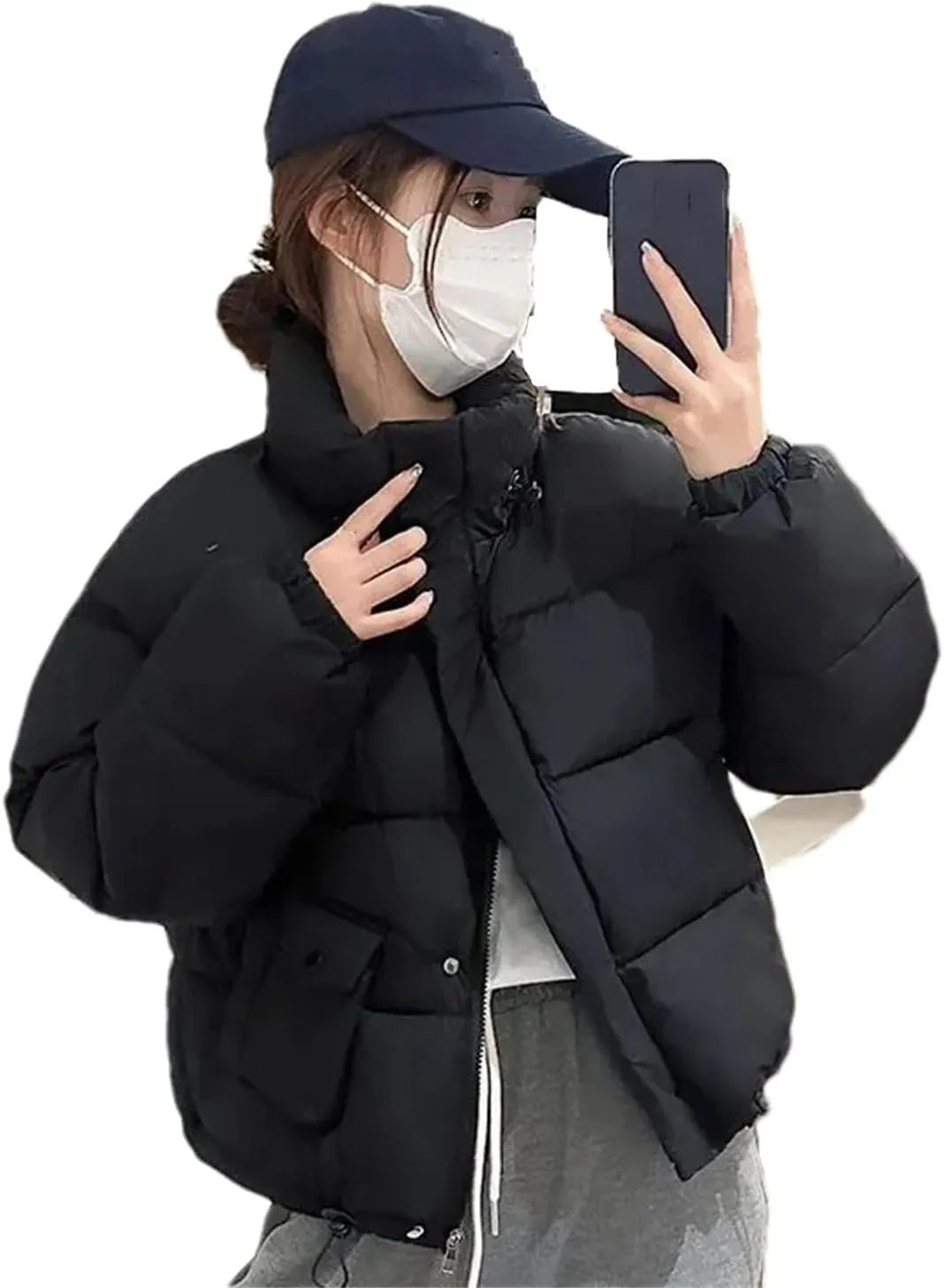 Women Stand Up Collar Short Cotton-Padded Loose Classic Drawstring Pockets Parka Coat