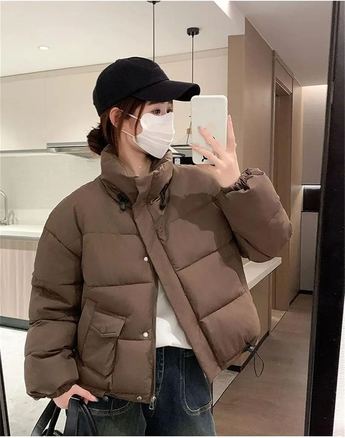 Women Stand Up Collar Short Cotton-Padded Loose Classic Drawstring Pockets Parka Coat