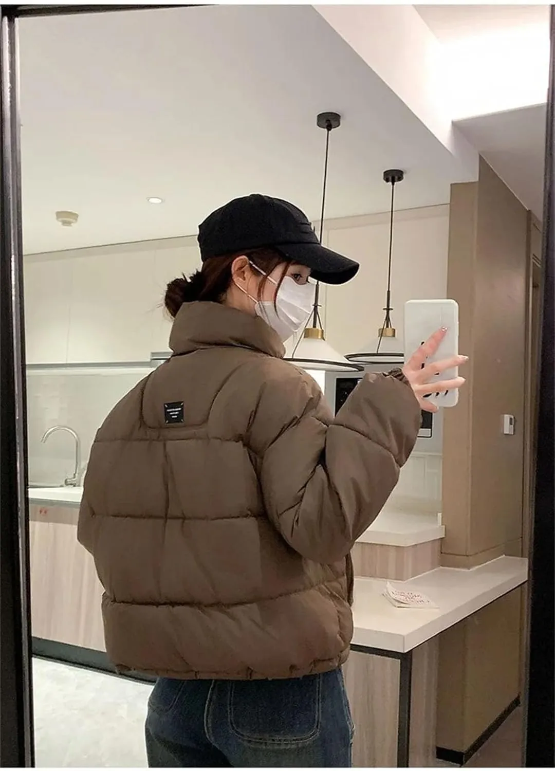 Women Stand Up Collar Short Cotton-Padded Loose Classic Drawstring Pockets Parka Coat